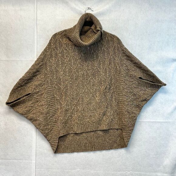 ANTHROPOLOGIE Corinne Cable Knit Poncho Sweater Small Taupe Tan Cowl Oversized - Picture 5 of 15